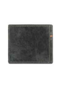 Gray leather wallet with a textured surface, featuring contrasting stitching and a side accent stripe. Compact rectangular shape.