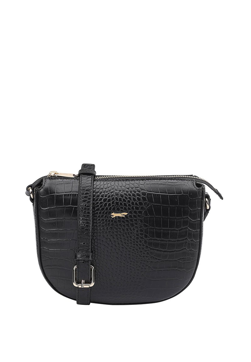Zwarte leren schoudertas met krokodillenstructuur, gouden hardware-accenten, een verstelbare schouderriem en een ritsluiting aan de bovenkant.