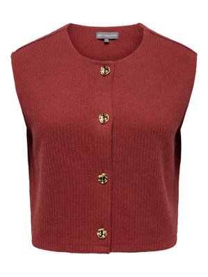 Ärmellose, kurze Strickweste in Rostrot mit rundem Ausschnitt und vier dekorativen goldenen Knöpfen vorne.