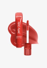 Red NYX Jelly Job lip gloss tube with applicator wand and swatch of glossy red color behind.
