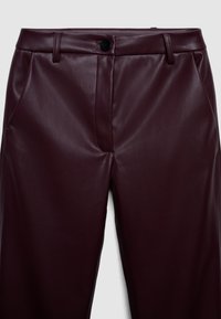 Burgunderfarbene Lederhosen mit glatter Textur, ausgestattet mit einem Knopfverschluss an der Vorderseite, seitlichen Taschen und tailliertem Schnitt.