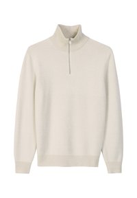 Crème-kleurige pullover trui met een ritssluiting bij de opstaande kraag. Kenmerkt zich door zacht, gestructureerd materiaal en geribbelde mouwen en zoom.