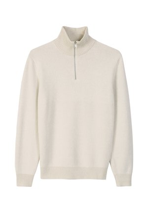 Sweter w kolorze kremowym z zamkiem błyskawicznym przy sztucznej stójce. Wykonany z miękkiego, teksturowanego materiału, z ribbami przy mankietach i dole.