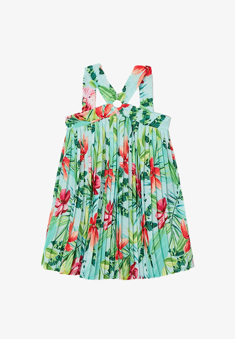 Abito floreale con uno sfondo azzurro chiaro e vivaci fiori tropicali rossi e rosa. Il design include plissé e spalline larghe.