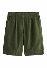 Grønne linnedshorts med en afslappet pasform, plisseret front, to sidelommer og en knaplukning i taljen.
