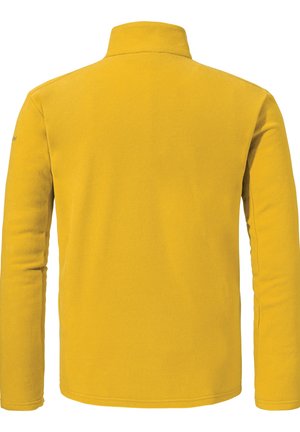 Gelbe Fleecejacke mit hohem Kragen, langen Ärmeln und flachen Nähten. Weiche Textur, keine sichtbaren Logos oder Muster auf dem Rücken.