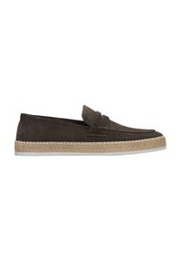 Bruine suède instappers met een gestructureerde espadrille-achtige jute zool. Heeft een eenvoudig ontwerp met een gevouwen band over de bovenkant.