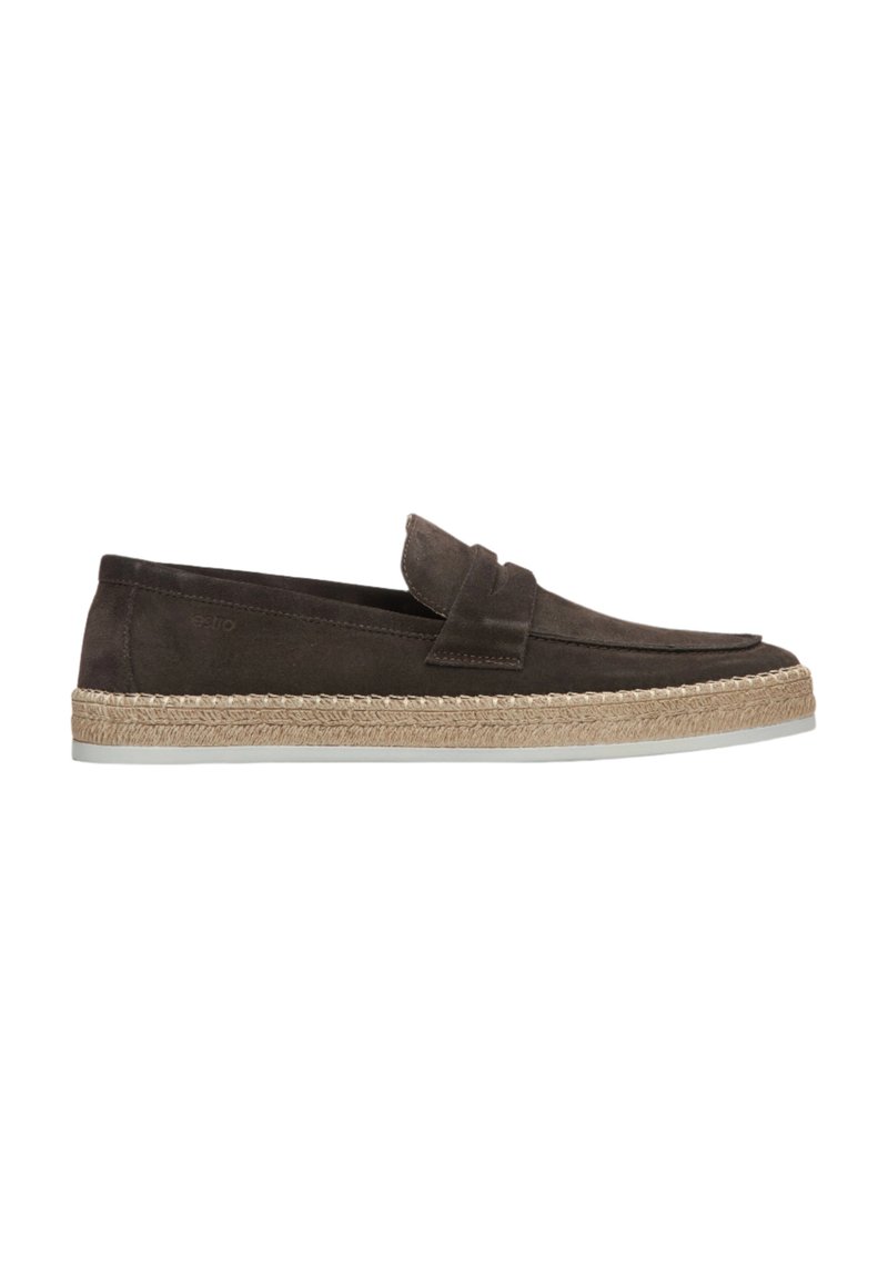 Brown suede slip-on shoes with a textured espadrille-style jute sole. Features a simple design with a folded strap across the upper.