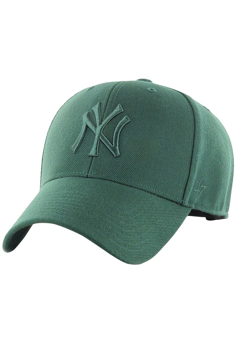 Zelená baseballová čiapka vyrobená z textúrovanej tkaniny, s vyšitým logom "NY" a zakriveným šiltom. Nastaviteľný remienok vzadu.