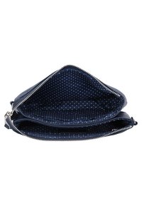 Marine lederen clutch met een ontwerp met dubbele compartimenten. Binnenkant heeft witte stippen op een donkere achtergrond. Zilveren ritssluiting.