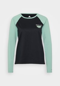 Melna ilgām piedurknēm tops ar piparmētru zaļām raglan piedurknēm, piparmētru apkakli un "BURTON" logo ar zvaigžņotu dizainu kreisajā krūtī.