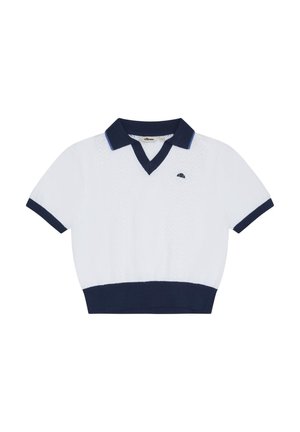 Valge lühikeste varrukatega kudumispolo, millel on mereväesinine krae, mansetid, ääris, tekstuuriga esikülg ja väike logo vasakul rinnal.