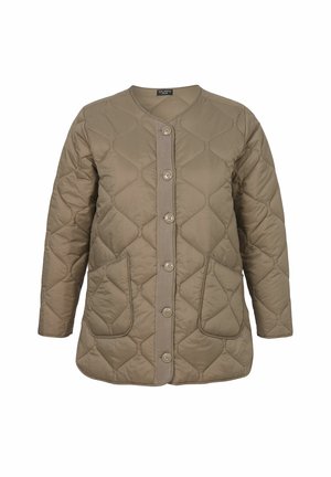 Light brown quilted jacket with round neck, long sleeves, button-down front, and two front pockets.