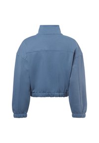 Kuttet blå sweatshirt med høy krage, elastisk kant og rynkede ermer. Laget av mykt, teksturert materiale.