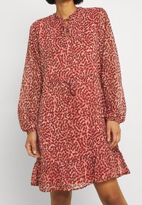 Červeno-bílá vzorovaná šaty s výstřihem ve tvaru klíčové dírky, dlouhými rukávy a nařaseným pasem, s volánkovým lemem a průsvitnou texturou.