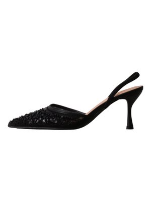Czarne czółenka na wysokim obcasie typu slingback z ostrym noskiem, zdobione cekinami, z cienkim, zakrzywionym obcasem szpilką.