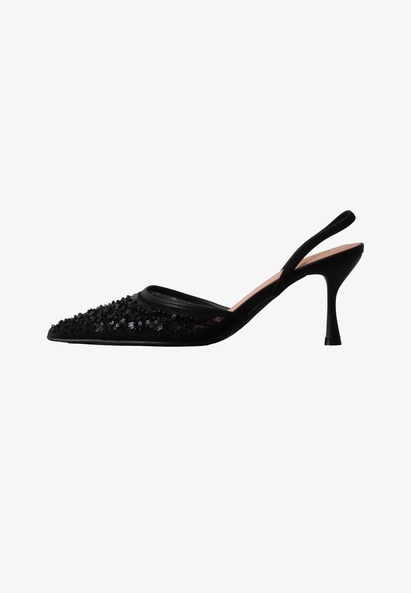 Chaussure à talon haut slingback noire à bout pointu avec des ornements en sequins et un talon stiletto fin et courbé.