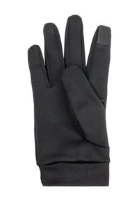 Zwarte thermohandschoen van zacht, rekbaar materiaal met een gladde buitenkant. Beschikt over vijf vingers en een touchscreen-compatibele vingertop.