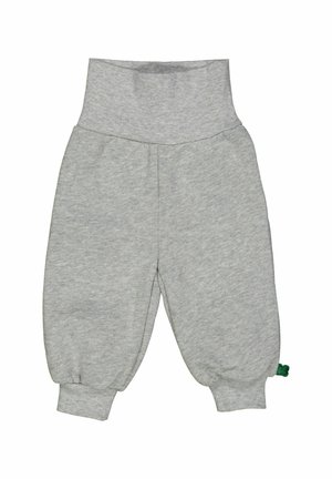 Graue Baumwoll-Jogginghose mit einem gerippten, hohen Bund, elastischen Bündchen und einem kleinen grünen Akzent-Tag am unteren Saum. Weicher, lockerer Schnitt.