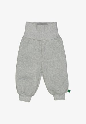 Grijze katoen joggerbroeken met een geribbelde hoge taille, elastische boorden en een klein groen accentlabel aan de onderzoom. Zacht, ontspannen pasvorm.