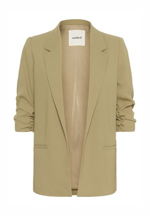 Olivgrüner Blazer mit hochgeschlagenen Ärmeln, einer vorderen Tasche, offenem Design und aus glattem Stoff hergestellt, ungefüttertes Innenfutter.