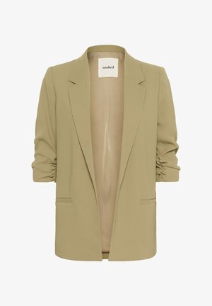 Olijfgroene blazer met opgerolde mouwen, enkele voorzak, open voorkant ontwerp, gemaakt van soepele stof, niet gevoerd interieur.