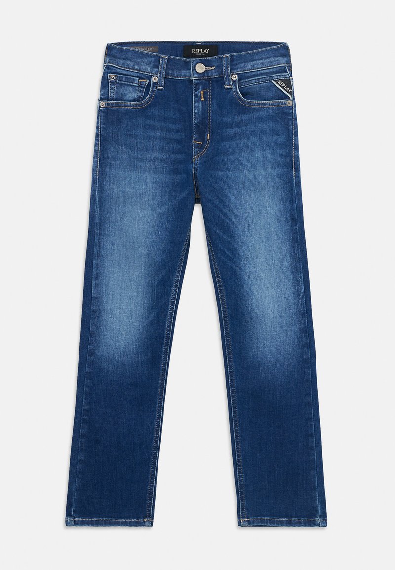 Tumedast sinisest denimist teksad klassikalise sirge jala disainiga, viie tasku, metallist nööbiga sulgemise ja kangale kerge tuhmumisega.