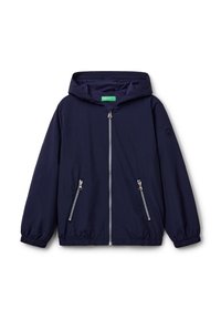 Navy blue hooded jacket made of lightweight material, featuring a full front zipper, two zippered pockets, and elastic cuffs.
