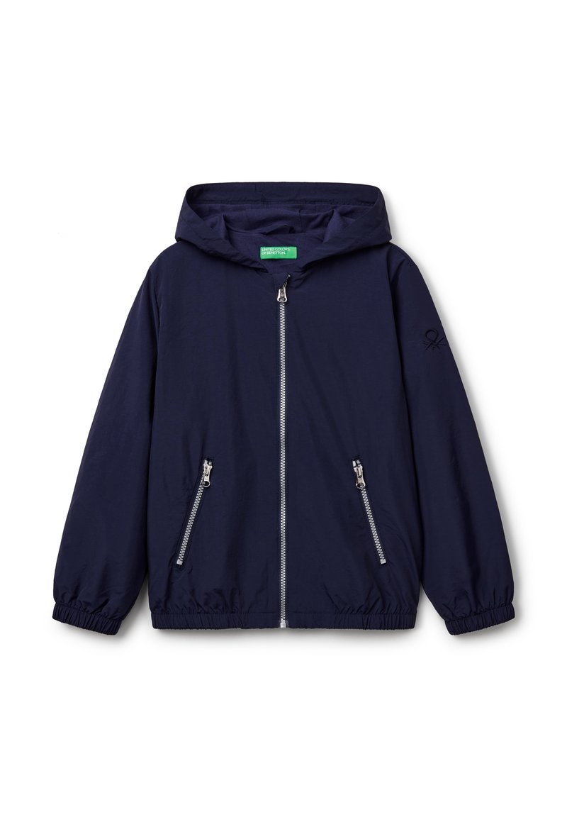 Navy blue hooded jacket made of lightweight material, featuring a full front zipper, two zippered pockets, and elastic cuffs.