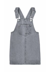Grijze denim overall jurk met verstelbare bandjes, voorzak en achterzak. Vlakke vorm, gladde textuur en metalen hardware accenten.