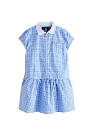 Vestido azul y blanco de cuadros vichy, de manga corta, con cuello blanco, cremallera frontal, bolsillo en el pecho y falda fruncida con bolsillos laterales.
