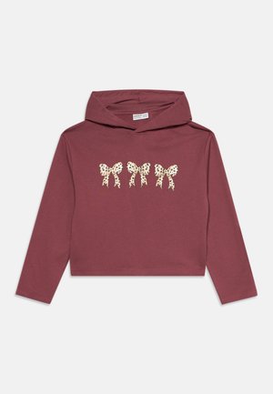 Sweat à capuche mauve à manches longues avec trois nœuds beiges à pois noirs imprimés sur la poitrine.