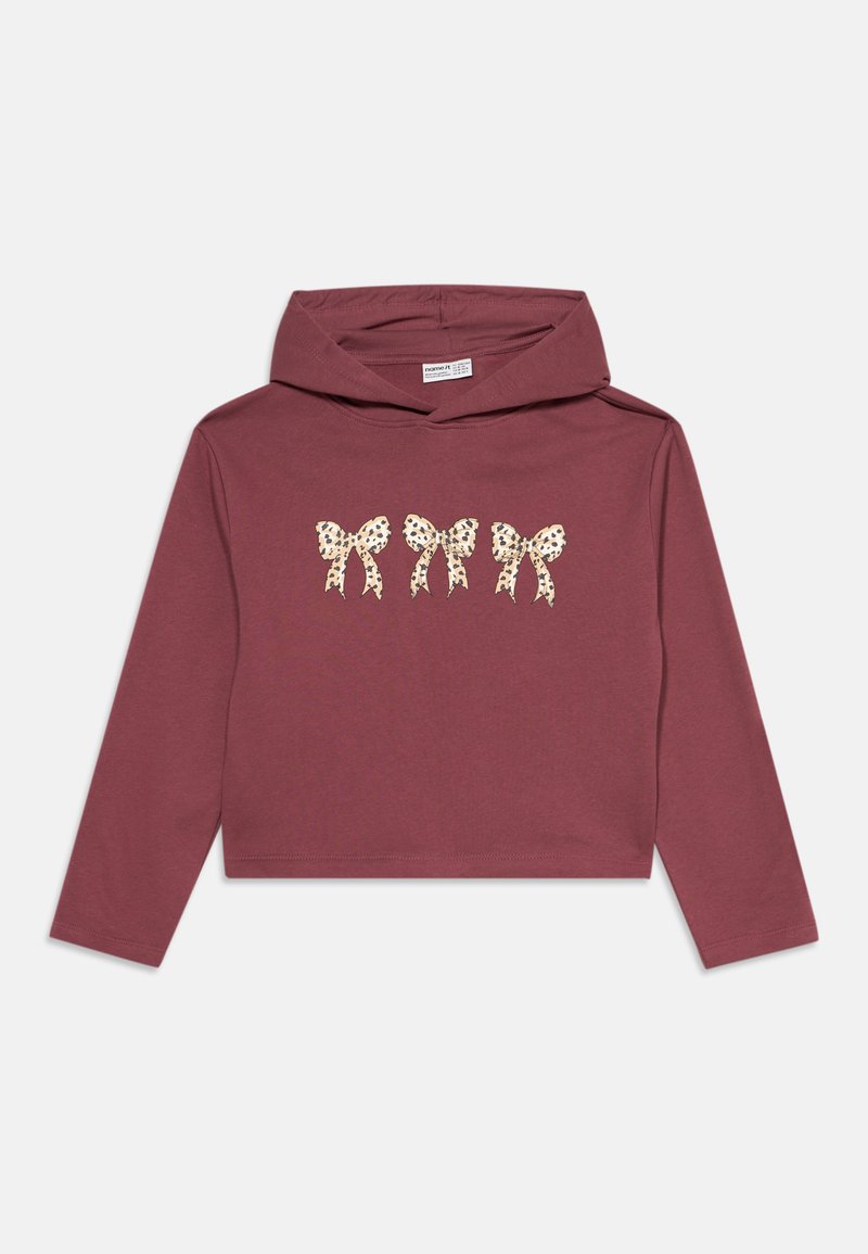 Sweat à capuche mauve à manches longues avec trois nœuds beiges à pois noirs imprimés sur la poitrine.