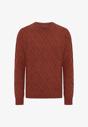 Ziegelroter gestrickter Pullover mit einem strukturierten Rautenmuster, Rundhalsausschnitt und gerippten Bündchen und Saum. Robustes und warmes Material.