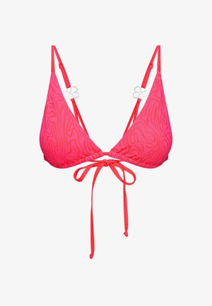 Ružový trojuholníkový bikiny top s textúrovaným dizajnom, nastaviteľnými ramienkami a uzáverom na mašličku. Obsahuje strieborné akcenty vo forme kvetiniek na ramienkach.