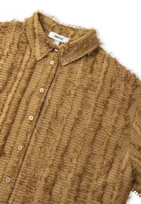 Brown, textured shirt with frayed accents, button-up design, and a collared neck. Features vertical stripes and round buttons.