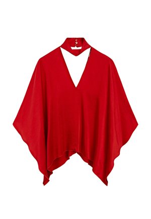 Roter, transparenter Poncho aus Stoff mit tiefem V-Ausschnitt und hohem Kragen. Lockere Passform mit fließenden Ärmeln, die unten schmaler werden. Knopfverschluss am Hals.