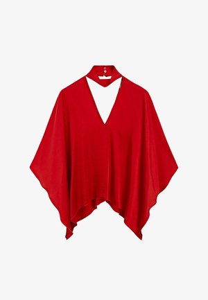 Poncho in tessuto rosso trasparente con scollatura a V profonda e colletto alto. Vestibilità ampia con maniche fluide che si stringono verso il fondo. Chiusura a bottone sul collo.