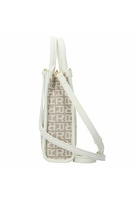 Witte handtas met een beige gebloemd stoffen middenstuk, voorzien van bovenhandvatten en een verstelbare, afneembare schouderriem. Gouden hardware accenten.