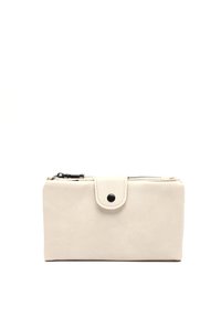 Světle béžová peněženka z umělé kůže se zaklapávacím uzávěrem a zipovou kapsou, s hladkým povrchem a minimalistickým obdélníkovým designem.