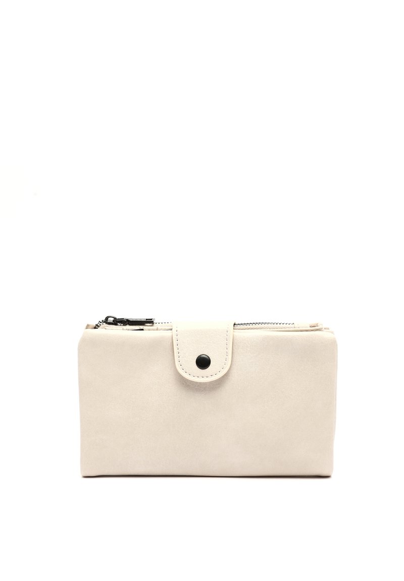 Světle béžová peněženka z umělé kůže se zaklapávacím uzávěrem a zipovou kapsou, s hladkým povrchem a minimalistickým obdélníkovým designem.