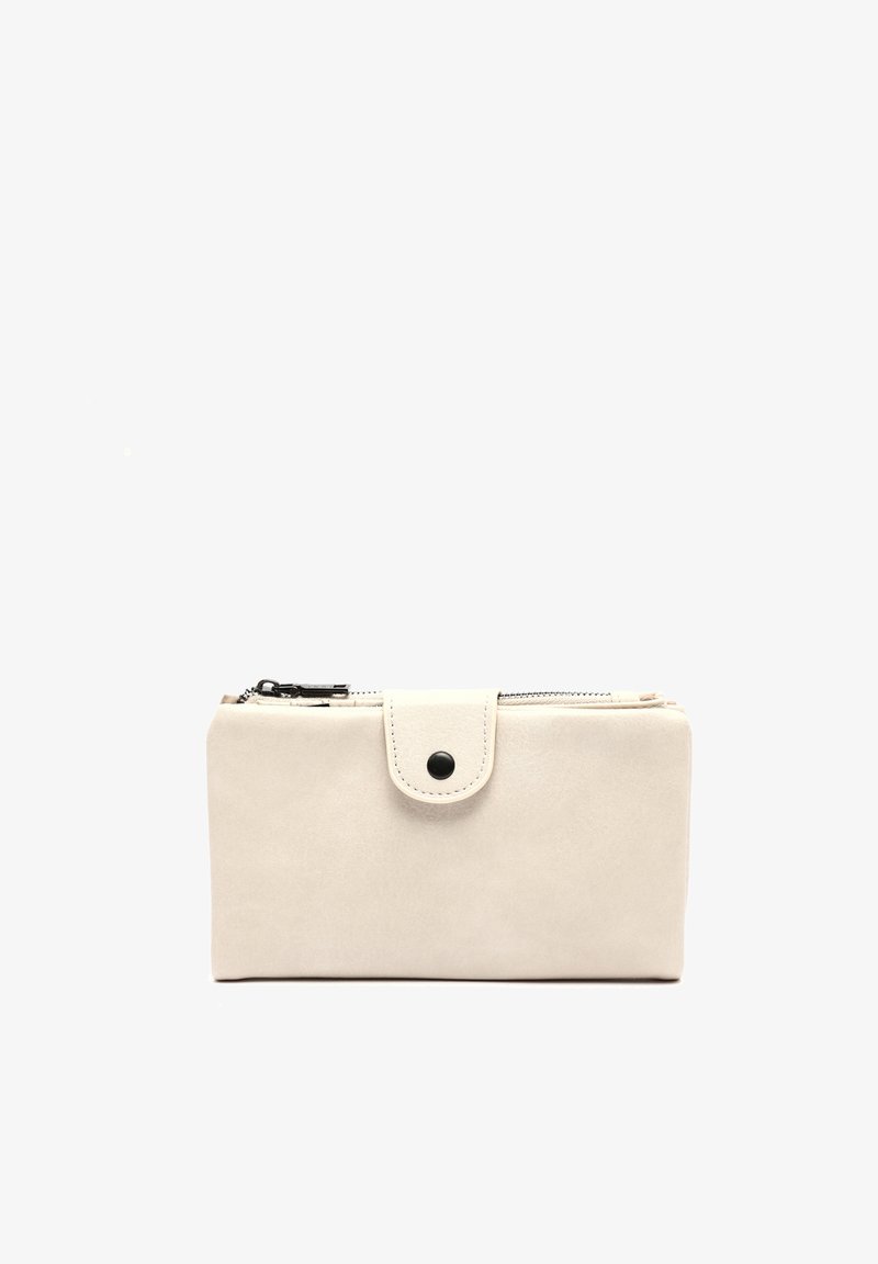Béžová peňaženka z umelej kože s patentným uzáverom a zipsovou praxou, s hladkým povrchom a minimalistickým obdĺžnikovým dizajnom.
