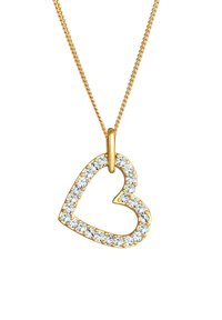 Ciondolo a forma di cuore in oro su una delicata catena, adornato con gemme trasparenti che circondano la forma del cuore, con una finitura lucida.