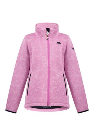Pinkes Fleeceshirt mit durchgehendem Reißverschluss, hohem Kragen, zwei vorderen Reißverschlusstaschen mit schwarzem Rand und kleinem schwarzem Regenschirm-Logo auf der Brust.