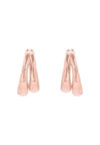 Orecchini a perno in metallo color oro rosa con una forma a goccia curvata e un design a due parti, caratterizzati da una superficie liscia e riflettente.