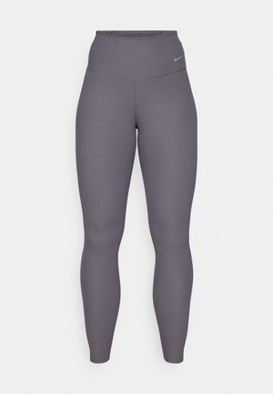 High-waisted, ribbed leggings in a muted gray color. Features a stretchy fabric and subtle logo detailing near the waistband.
