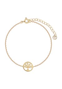 Złoty bransoletka z łańcuszka, z okrągłym zawieszką w kształcie drzewa życia, z misternym wzorem wycięcia i bezpiecznym zapięciem na zatrzask typu lobster.