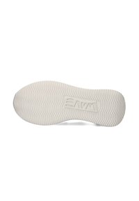 White rubber shoe sole with a wavy texture, featuring a rectangular brand logo embossed in the center. Smooth finish overall.