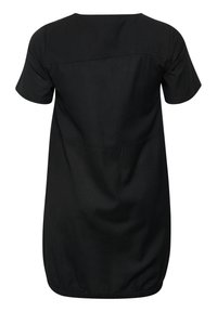 Czarna tunika krótko-sleeve wykonana z lekkiego materiału. Posiada okrągły dekolt oraz zgromadzony dół. Prosty, nieozdobny wzór.