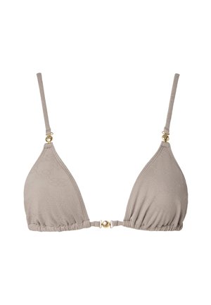 Haut de bikini beige en forme de triangle avec des bretelles fines réglables et des fermetures à clip en métal doré à l'avant et à la base des bretelles.